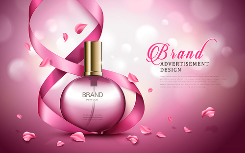 charming aroma perfume ad, contained in round pink bottles, valentine's day special dark pink background