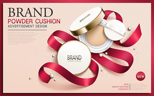 powder cushion ad, contained in round powder box, valentine's day special creamy background