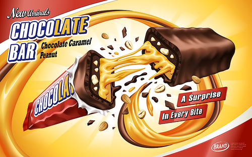 caramel chocolate bar ad broken in the middle with chocolate and caramel flows, isolated orange background, 3d illustration