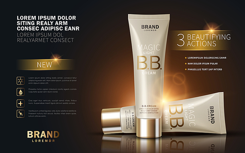 B.B. cream ads, makeup tube template with sparkling effect. 3D illustration.