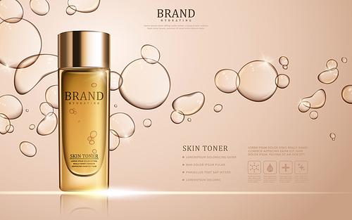 Skin toner ads template, glass bottle mockup for ads or magazine. Transparent liquid drip on background. 3D illustration.