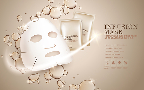 Facial mask ads template, face mask and package mockup for ads or magazine. Transparent liquid drip on background. 3D illustration.