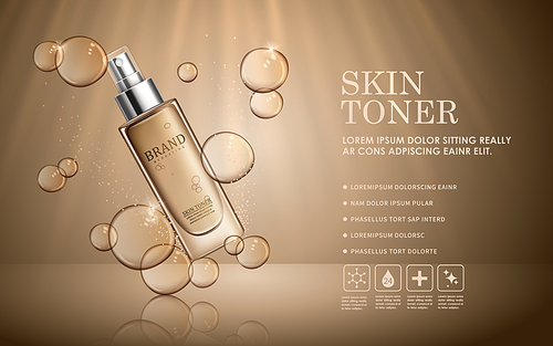 Skin toner ads template, glass bottle mockup for ads or magazine. Transparent liquid drip on background. 3D illustration.