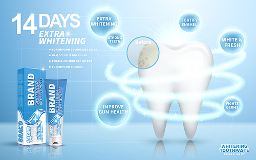 whitening toothpaste ad, on light blue background, 3d illustration