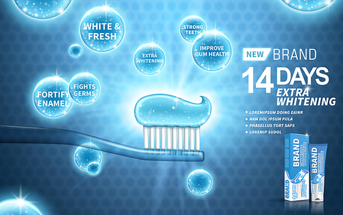 whitening toothpaste ad, on blue background, 3d illustration