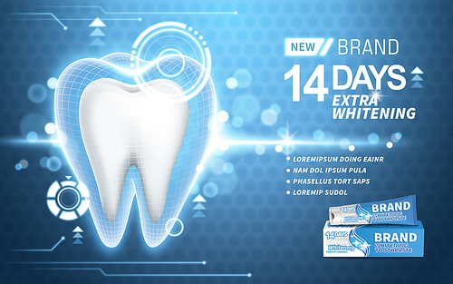 whitening toothpaste ad, on turquoise background, 3d illustration