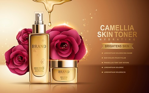 camellia skin toner contained in sprayer bottle and cosmetic jar, golden background, 3d illustration