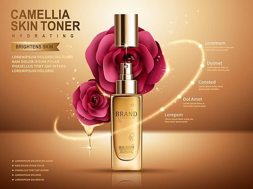 camellia skin toner in sprayer bottle, golden background, 3d illustration