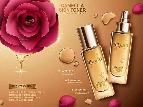 camellia skin toner in sprayer bottle, golden background, 3d illustration