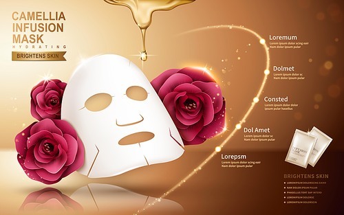 camellia mask contained in bag, golden background, 3d illustration
