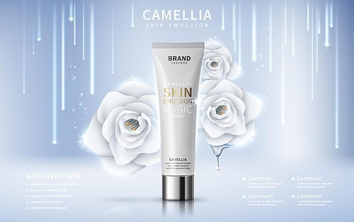 camellia skin toner contained in tube, silver background, 3d illustration