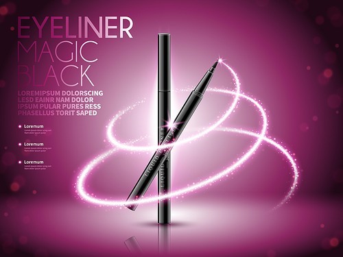 Eyeliner pen ads, glittering effects with bokeh background, 3d illustration
