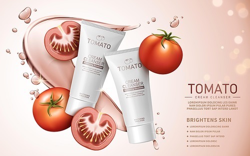 tomato cream cleanser contained in white tube, pale pink background, 3d illustration