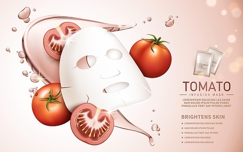tomato infusion mask contained in bags, pale pink background, 3d illustration