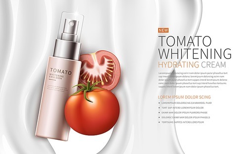 tomato whitening hydrating cream contained in pink spray bottle, white creamy background, 3d illustration