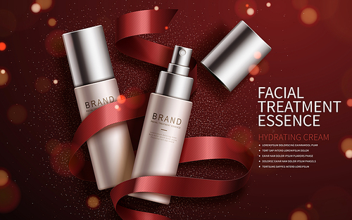 Exquisite cosmetic ads, facial treatment essence set for annual sale or christmas sale. Red ribbon and particles elements. 3D illustration.