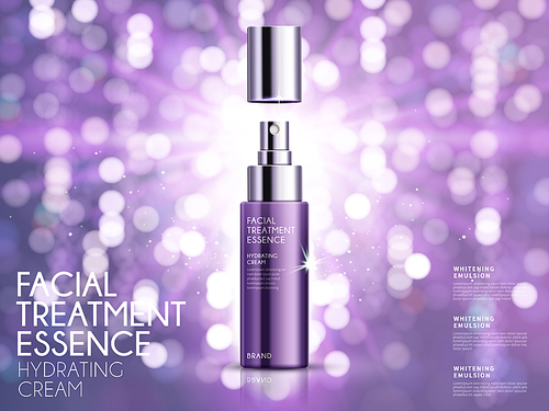 Glamorous cosmetic ads, facial treatment essence for annual sale or christmas sale. Purple spray bottle isolated on glitter particles. 3D illustration.