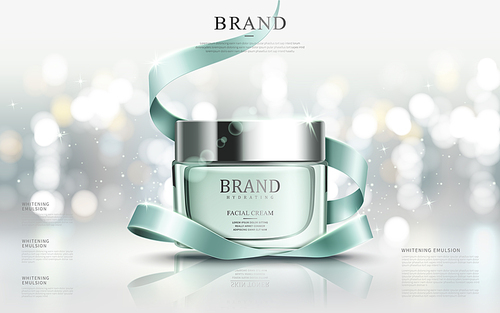 Graceful cosmetic ads, hydrating facial cream for annual sale or christmas sale. Turquoise cream mask bottle isolated on glitter particles with elegant ribbon. 3D illustration.