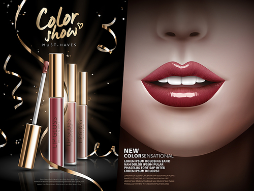 cosmetic lip gloss ad, separated into two parts with several lip gloss at the left and colored lips at the right, 3d illustration