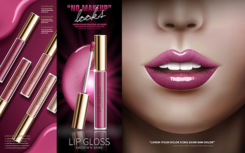 cosmetic lip gloss ad, separated into three parts with several lip gloss at the left, pink lip gloss at the center and colored lips at the right, 3d illustration