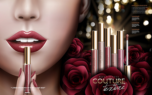 cosmetic lip gloss ad with several lip gloss and rose flower elements at right and colored lips at left, 3d illustration
