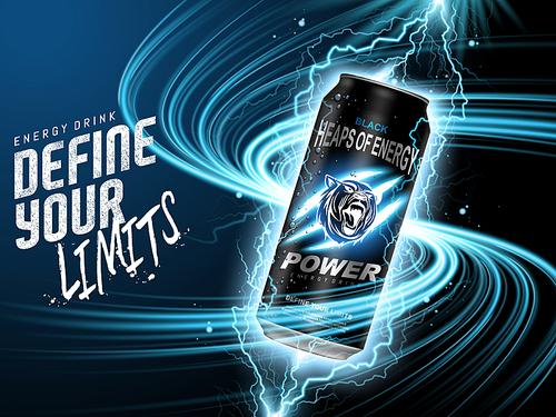 energy drink contained in black can, with current element surrounds, blue background, 3d illustration