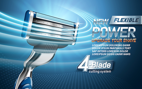 power shavers ad with four blades, light blue background, 3d illustration