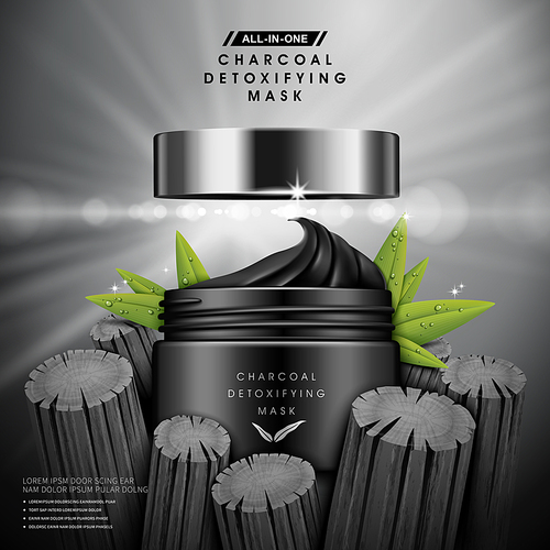 charcoal detoxifying mask contained in black jar, with charcoal and leaf elements, 3d illustration