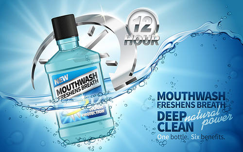 mouthwash freshen breath ad, contained in transparent bottle, aquatic background