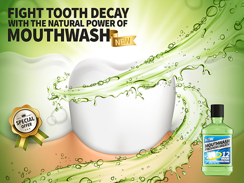 mouthwash freshen breath ad, contained in transparent bottle, green flow elements