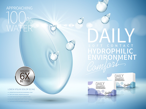 soft contact lenses ad, with water drop elements, light blue background