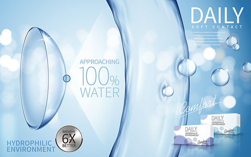 soft contact lenses ad, with water flow elements, light blue background