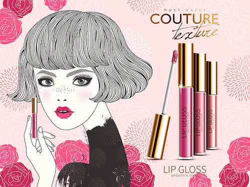 lip gloss ad, showing modern style young girl and rose flower elements, valentine's day special isolated pink background