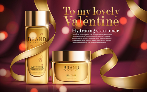 hydrating skin toner ad, contained in golden bottle and jar, valentine's day special isolated red blur background