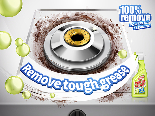 remove grease detergent ad, gas stove background, 3d illustration