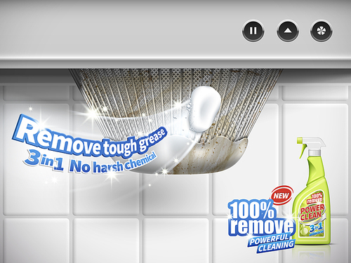 remove grease detergent ad, extractor hood background, 3d illustration