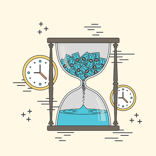time is money concept: hourglass and clocks elements in line style