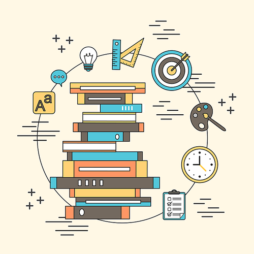 tutorial concept: a pile of books and education elements in line style