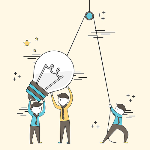 teamwork concept: businessmen setting up a big lighting bulb in line style