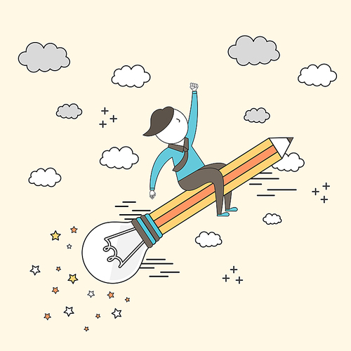 future growth concept: businessman riding flying bulb pencil to the sky in line style