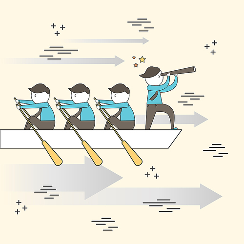 teamwork concept: businessmen rowing a boat in line style