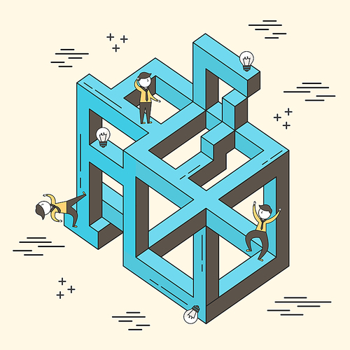 concept of confused: businessman stuck in a maze in line style
