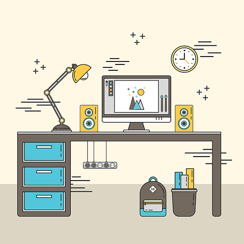 personal workplace scene in flat line style
