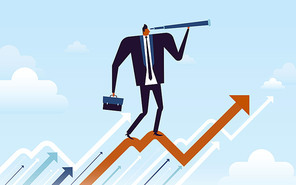 business concept illustration, suited man riding on an rising arrow with a monocular in his hand
