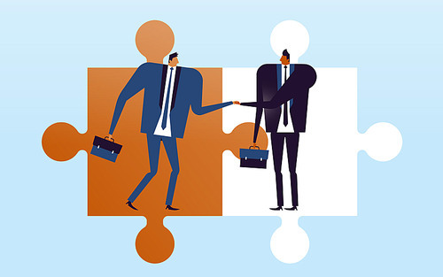 business concept illustration, suited men shaking hands and decide to become partners