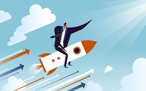 business concept illustration, suited man riding on a speedy rocket