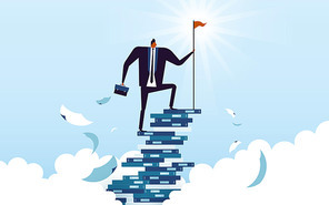 business concept illustration, suited man climbing his career ladder made by books