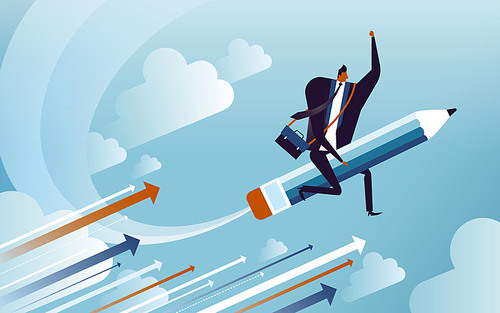 business concept illustration, suited man riding on a speedy pencil, implying that he may be an author