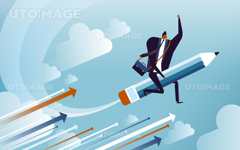 유토이미지 | business concept illustration, suited man riding on a speedy pencil, implying that he may be an author