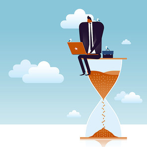 business concept illustration, suited man working on a giant hourglass with birds by his side